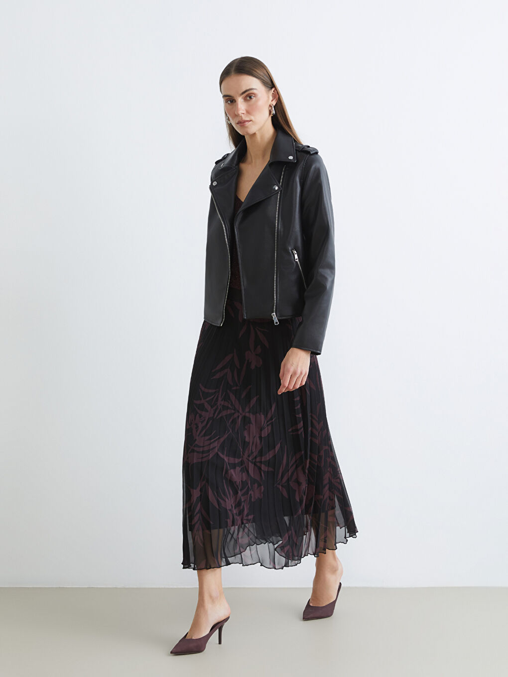 Biker Yaka Kadın Deri Görünümlü Ceket-1