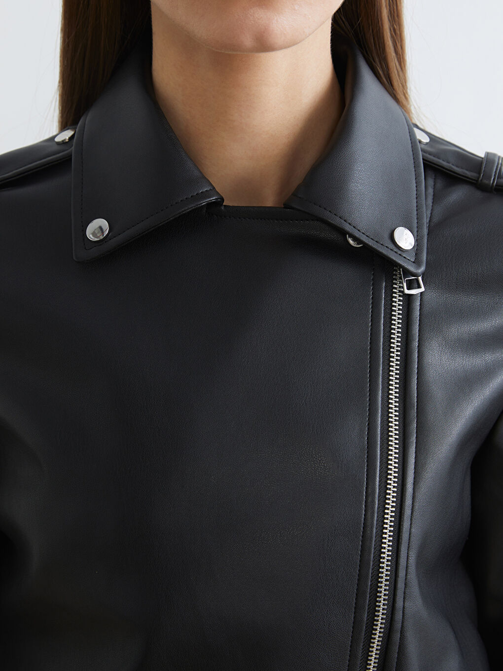 Biker Yaka Kadın Deri Görünümlü Ceket-2