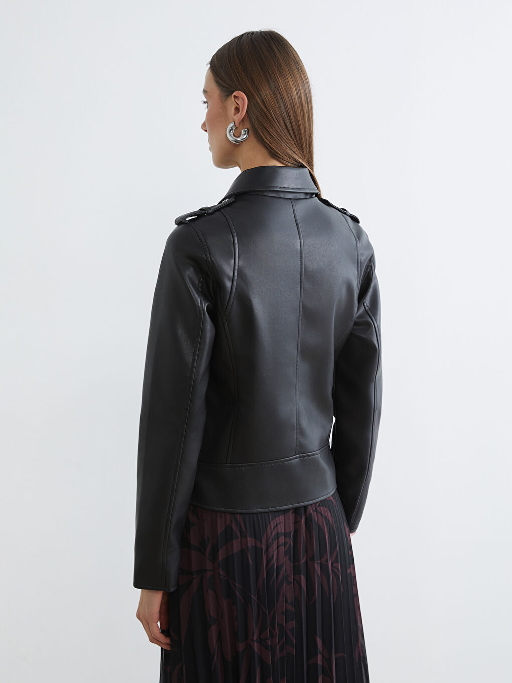 Biker Yaka Kadın Deri Görünümlü Ceket-4