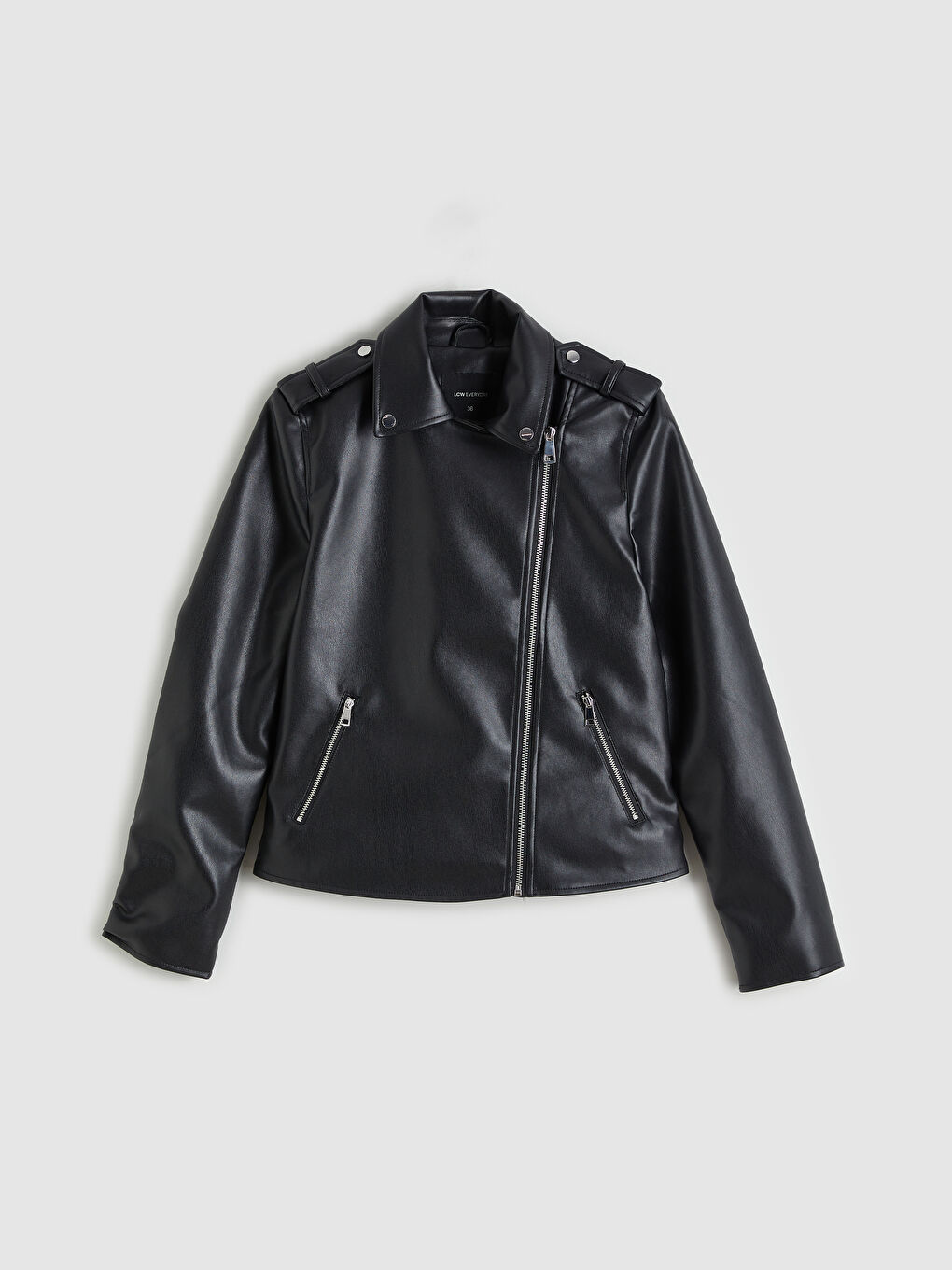 Biker Yaka Kadın Deri Görünümlü Ceket-5