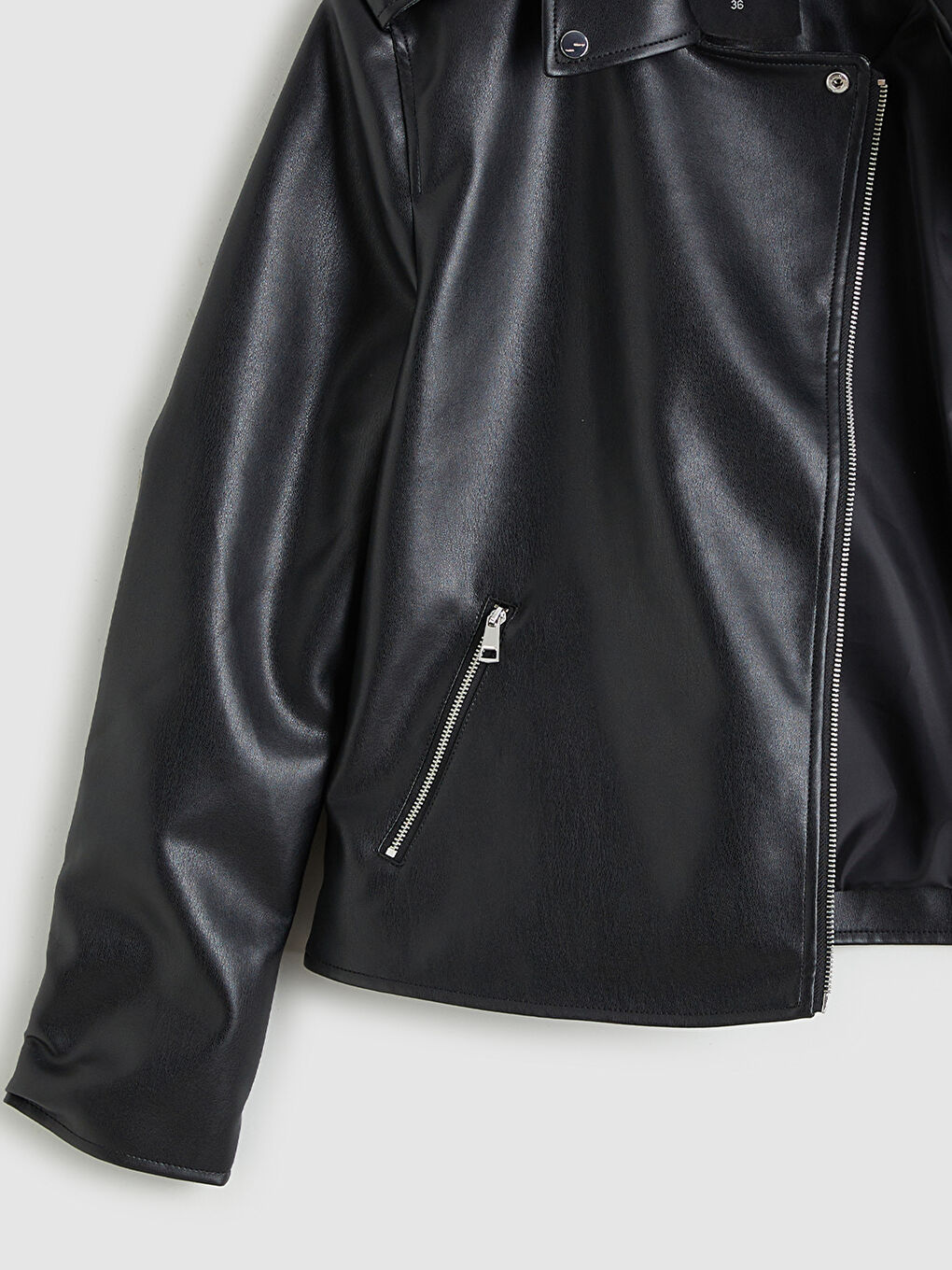 Biker Yaka Kadın Deri Görünümlü Ceket-6