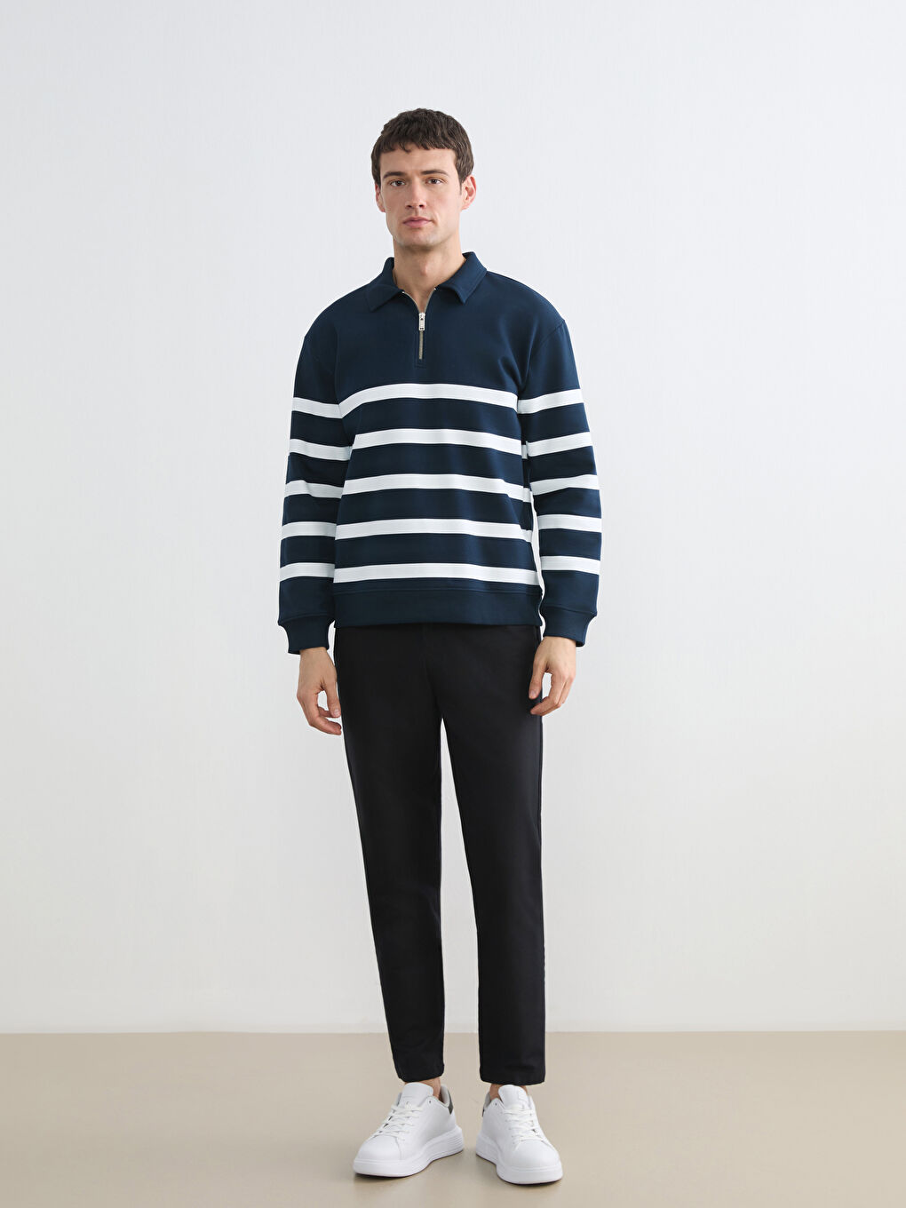 Polo Collar Striped Men's Heavyweight Sweatshirt-1