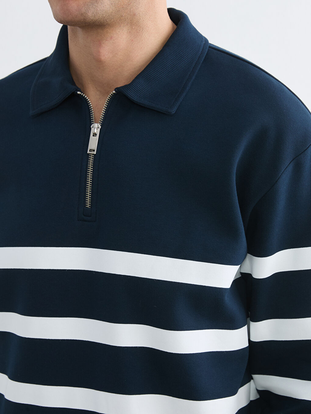 Polo Collar Striped Men's Heavyweight Sweatshirt-2