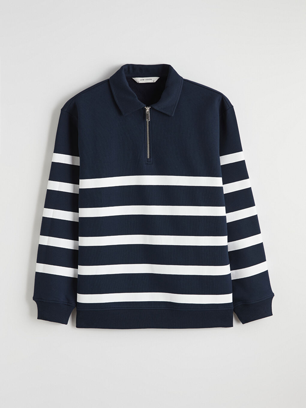 Lacivert Polo Yaka Çizgili Erkek Kalın Sweatshirt