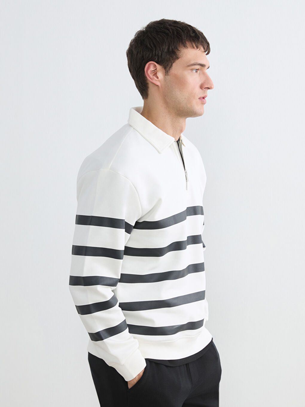 Striped Polo Collar Men's Heavyweight Sweatshirt