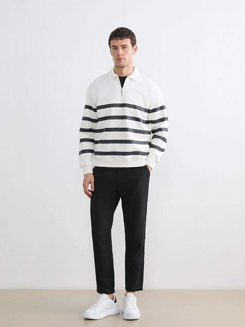 Striped Polo Collar Men's Heavyweight Sweatshirt-1