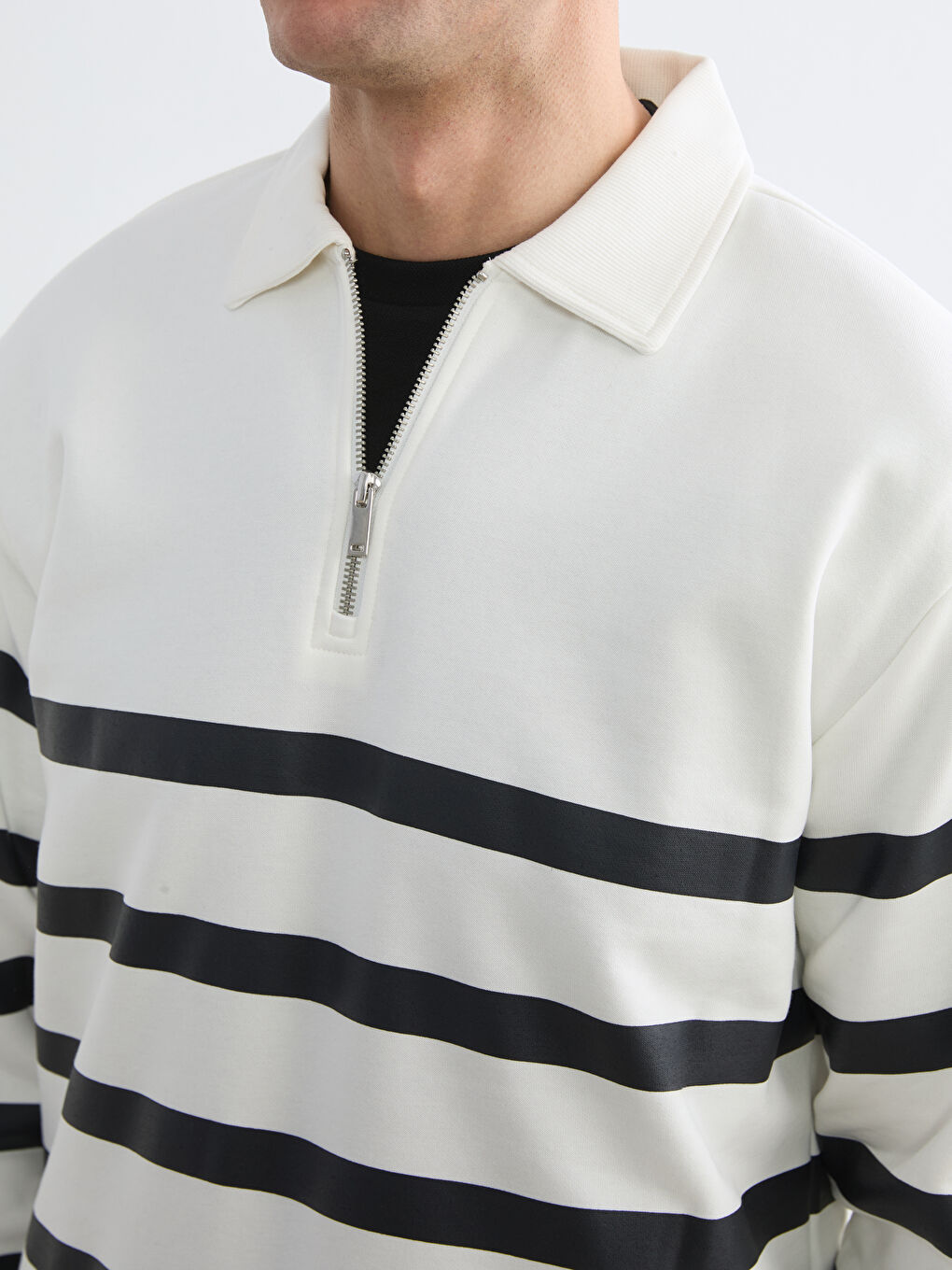 Striped Polo Collar Men's Heavyweight Sweatshirt-2