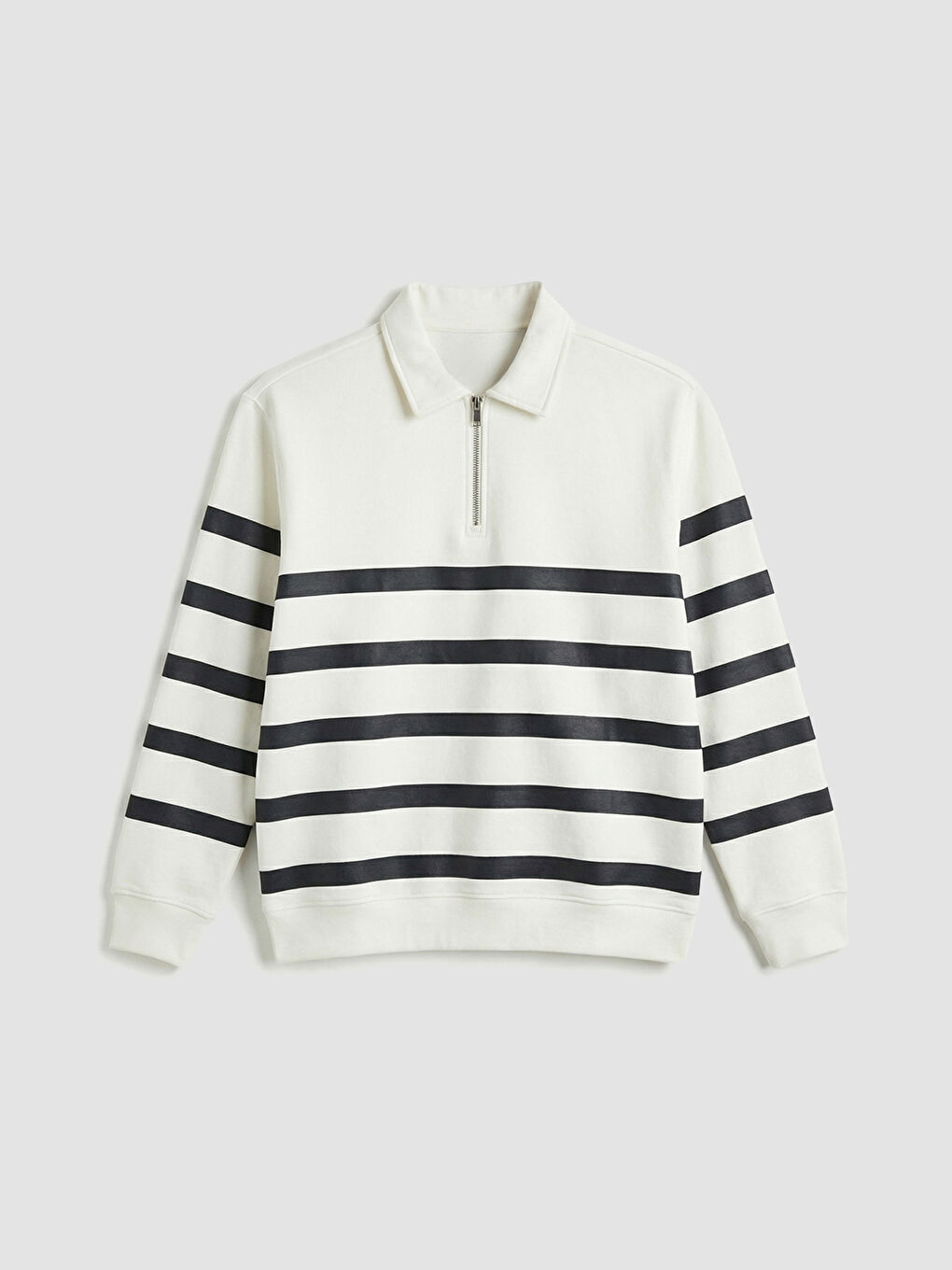 Beyaz Polo Yaka Çizgili Erkek Kalın Sweatshirt