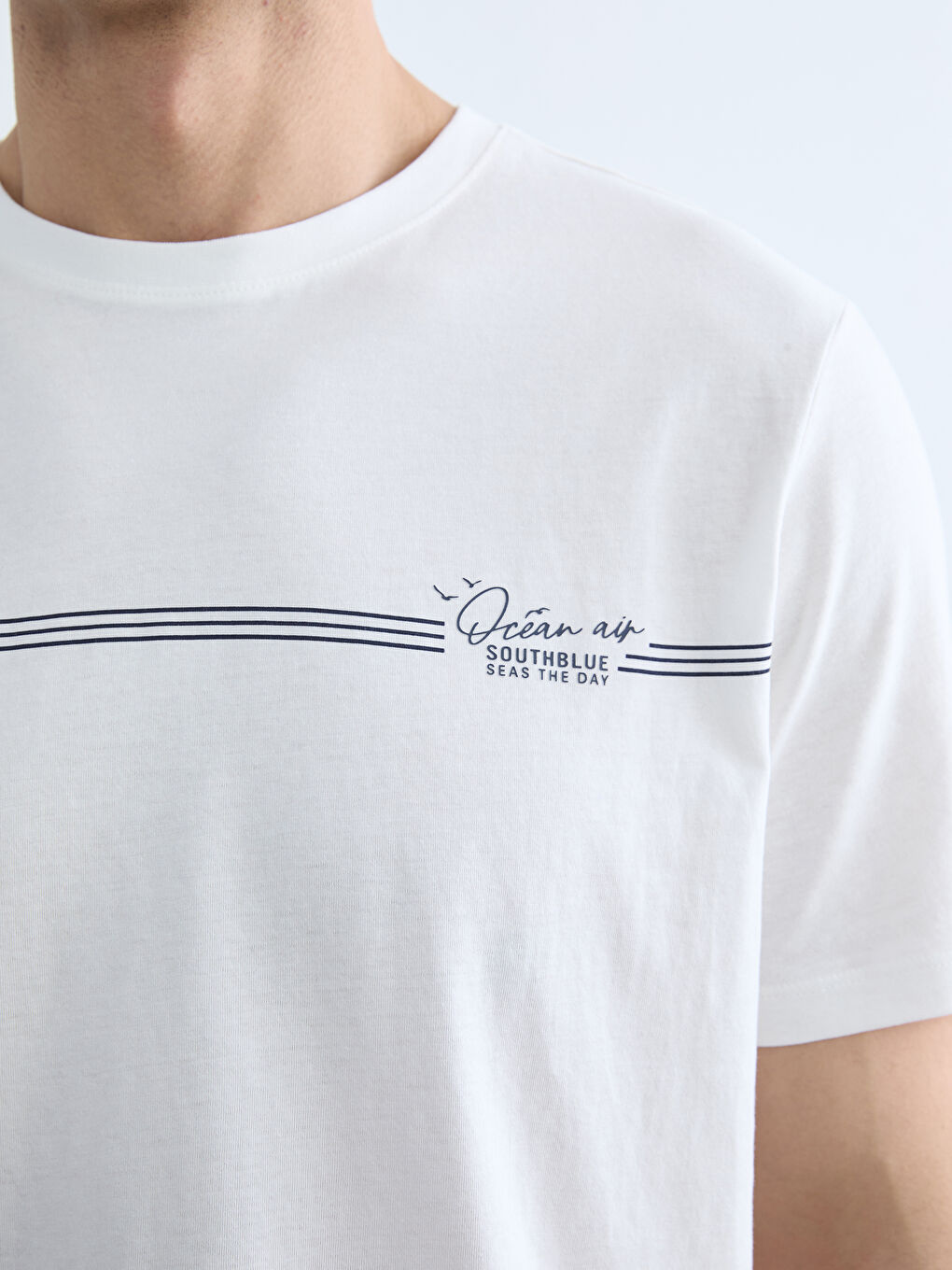 Ekru Bisiklet Yaka Baskılı Penye Erkek Tişört-2