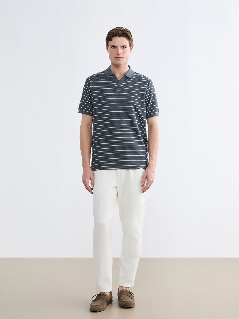 Antrasit Polo Yaka Çizgili Tişört-1