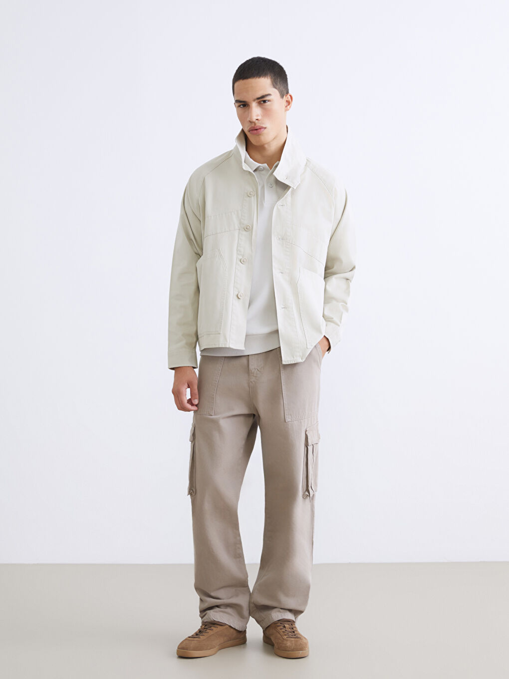 Bej Loose Fit Gabardin Erkek Gömlek Ceket-1