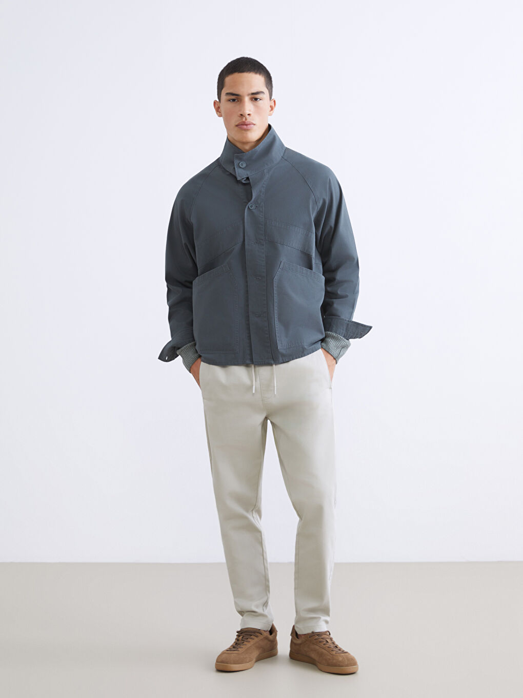 Yeşil Loose Fit Gabardin Erkek Gömlek Ceket-1