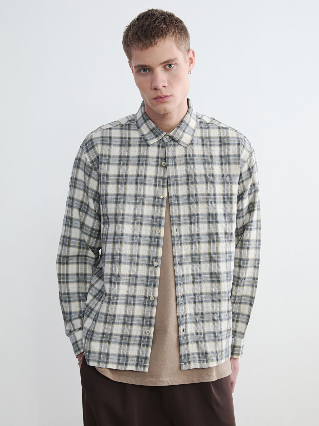 Yeşil Regular Fit Ekose Keten Görünümlü Erkek Gömlek