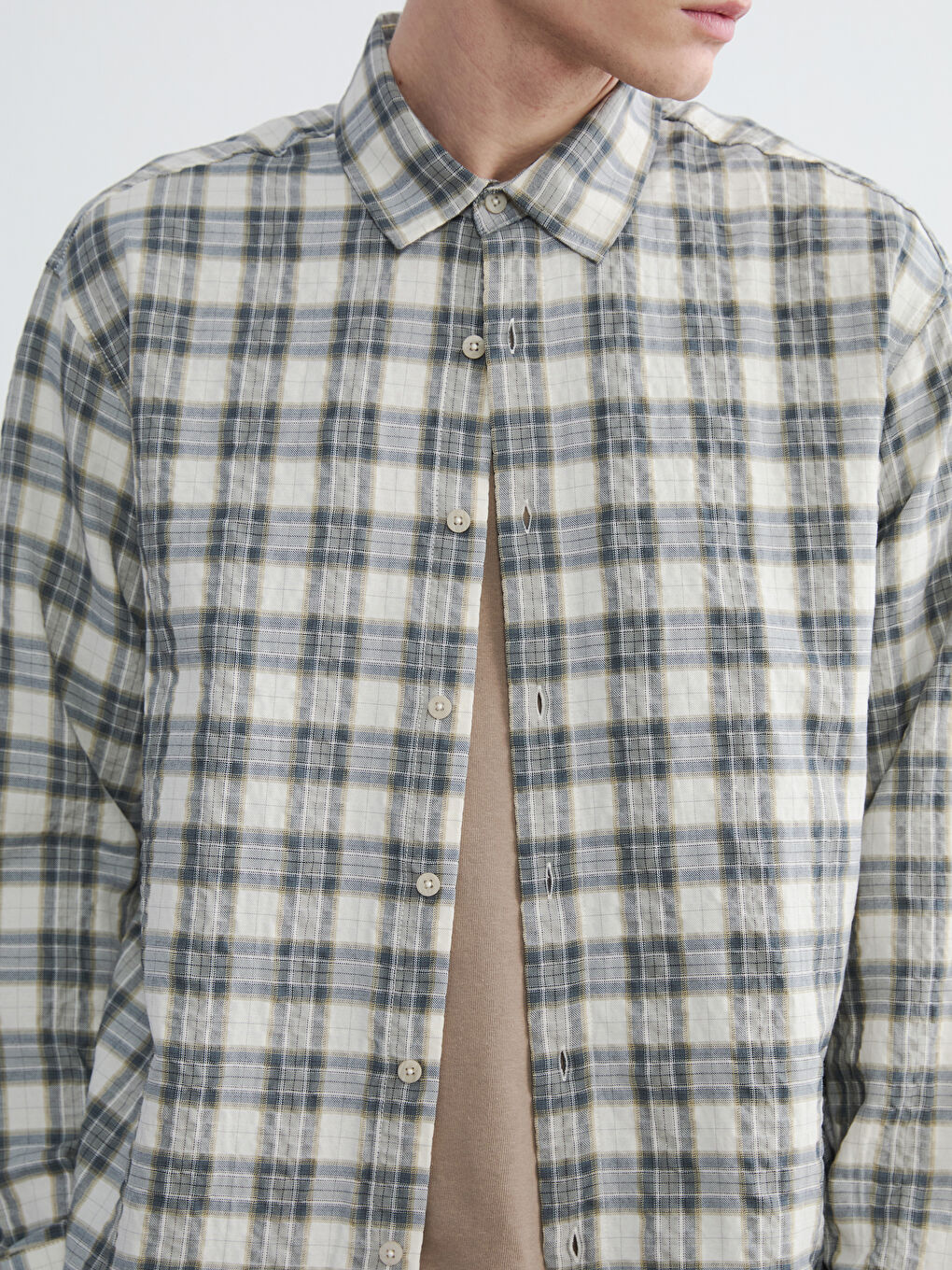 Yeşil Regular Fit Ekose Keten Görünümlü Erkek Gömlek-2