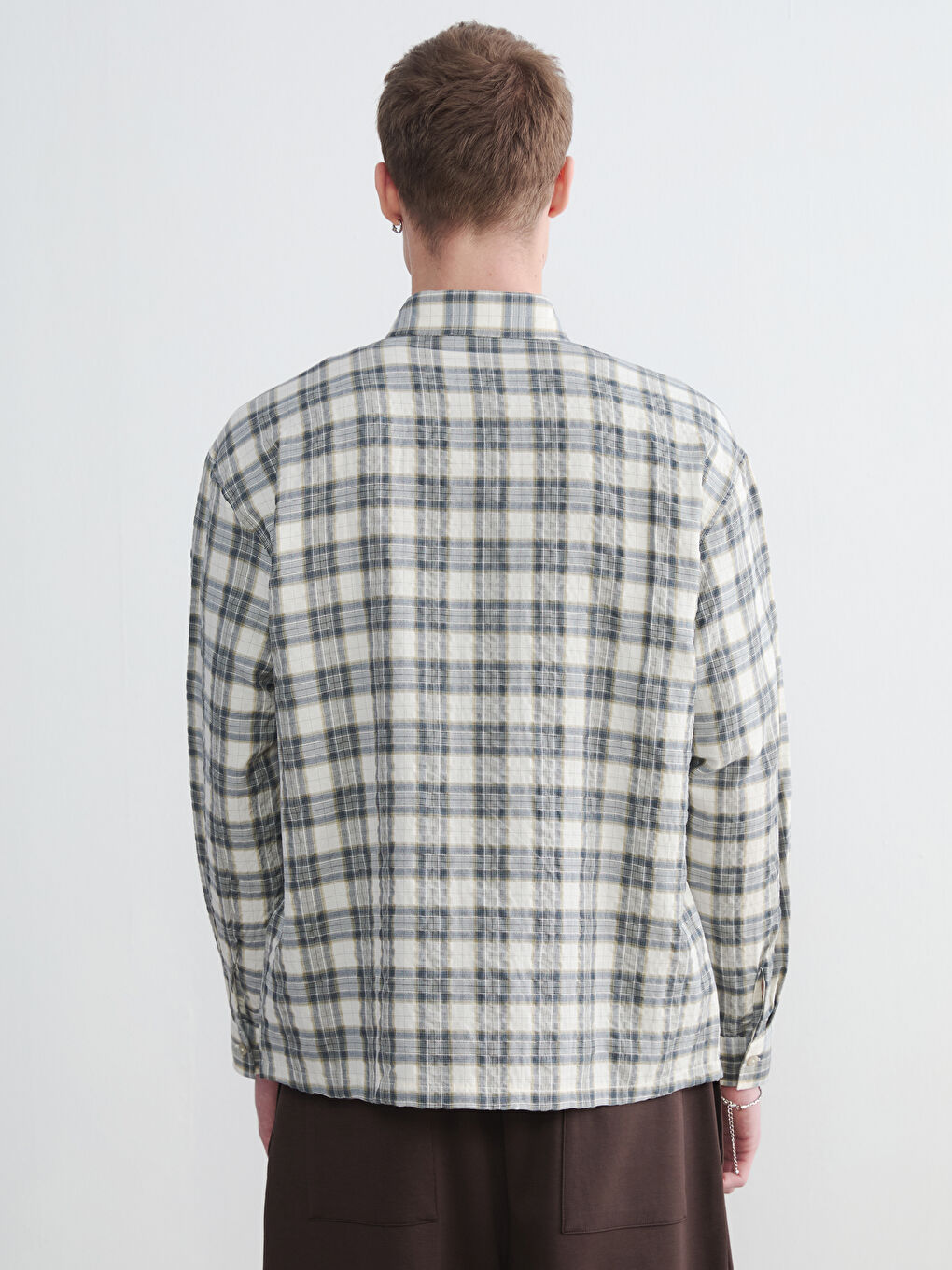 Yeşil Regular Fit Ekose Keten Görünümlü Erkek Gömlek-3