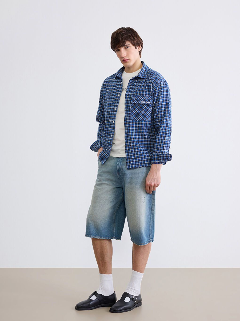 Mavi Loose Fit Ekose Erkek Gömlek-1