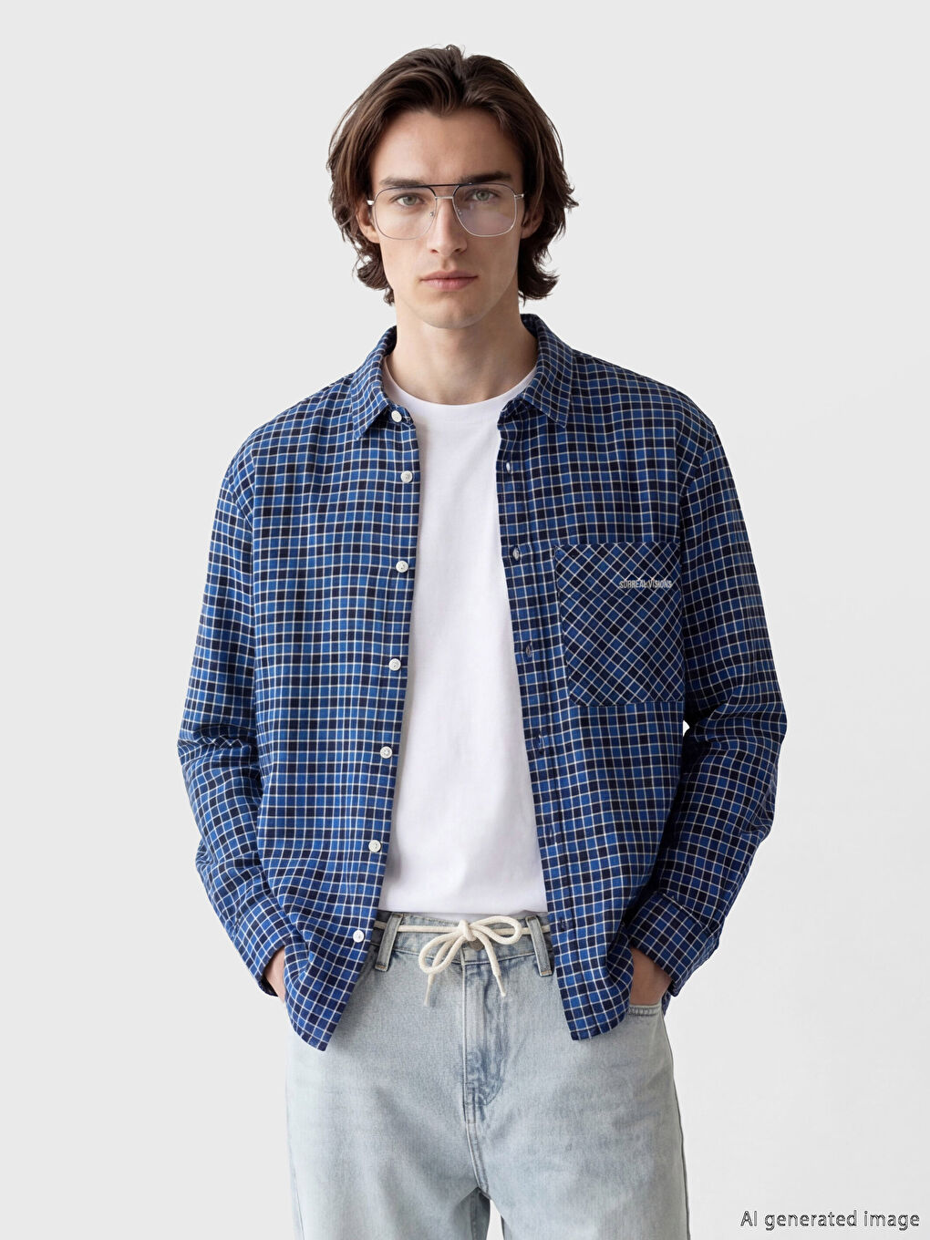 Mavi Loose Fit Ekose Erkek Gömlek-1