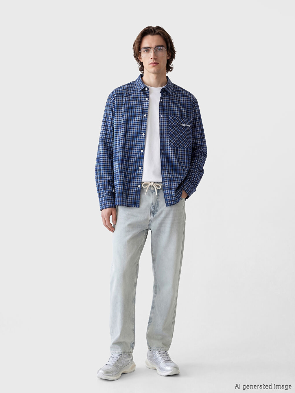 Mavi Loose Fit Ekose Erkek Gömlek-2