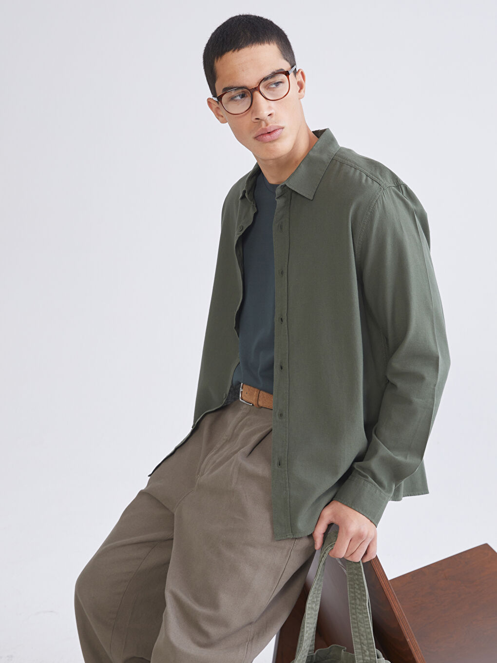 Haki Regular Fit Gabardin Erkek Gömlek