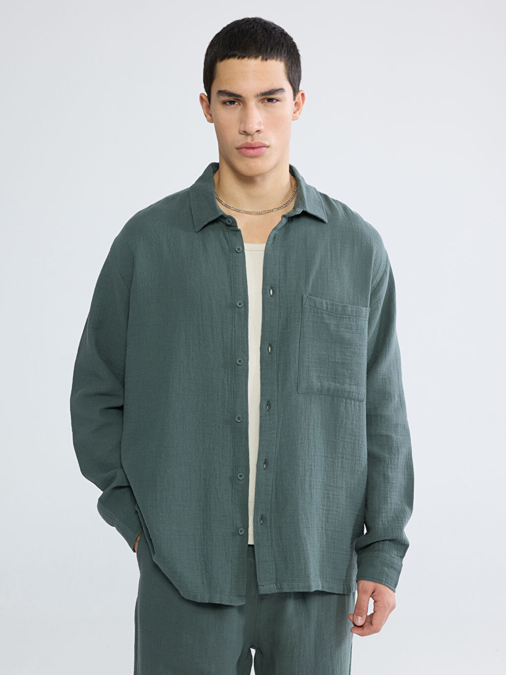 Yeşil Regular Fit Müslin Erkek Gömlek
