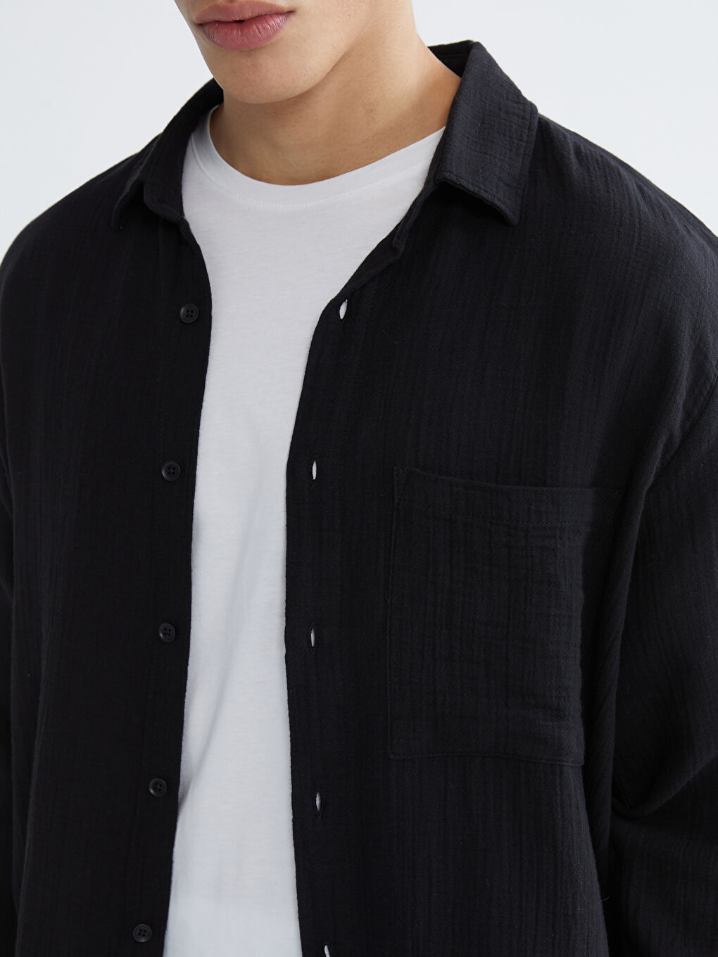 Siyah Regular Fit Müslin Erkek Gömlek-2