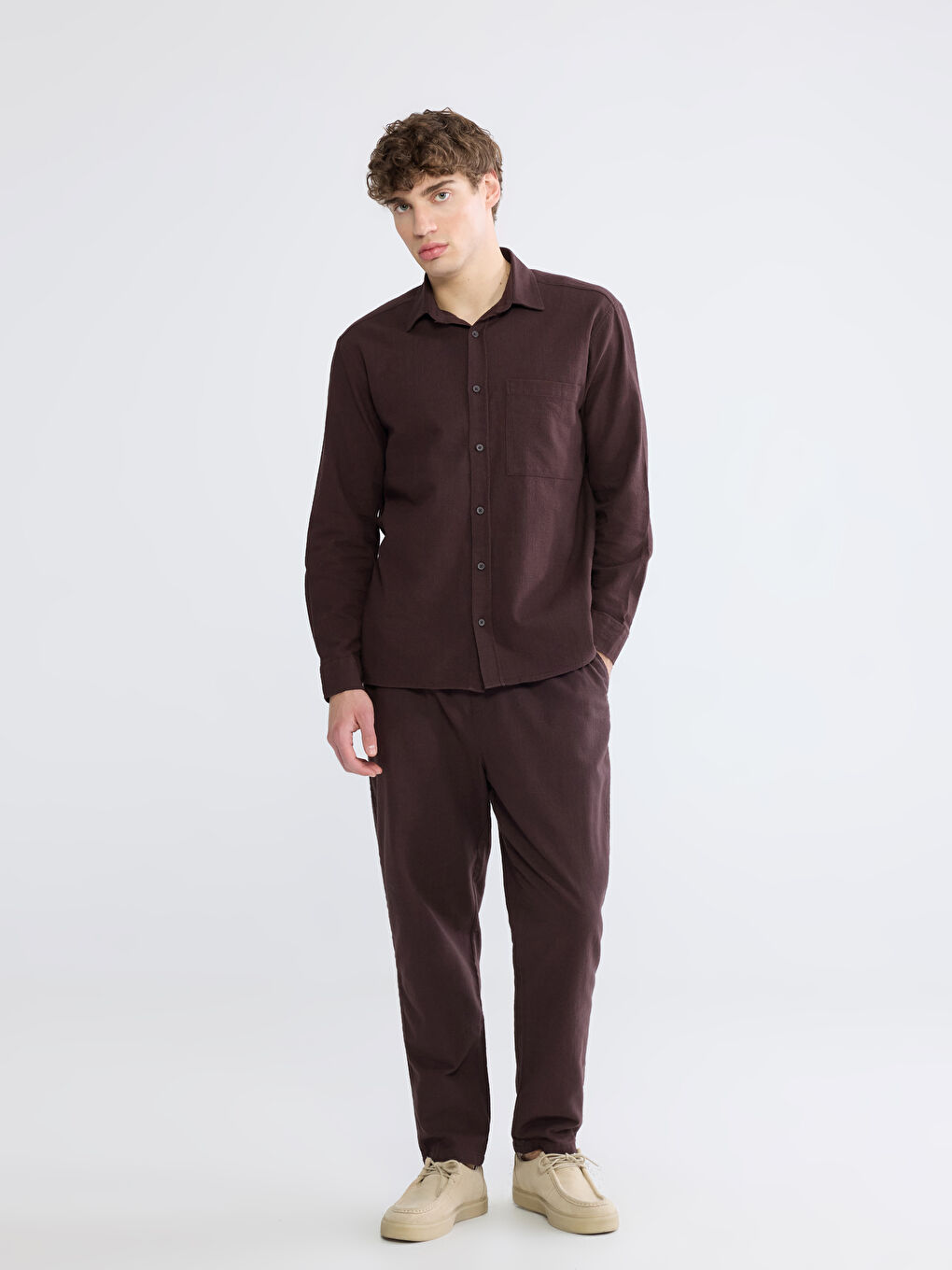 Kahverengi Regular Fit Erkek Keten Görünümlü Gömlek-3