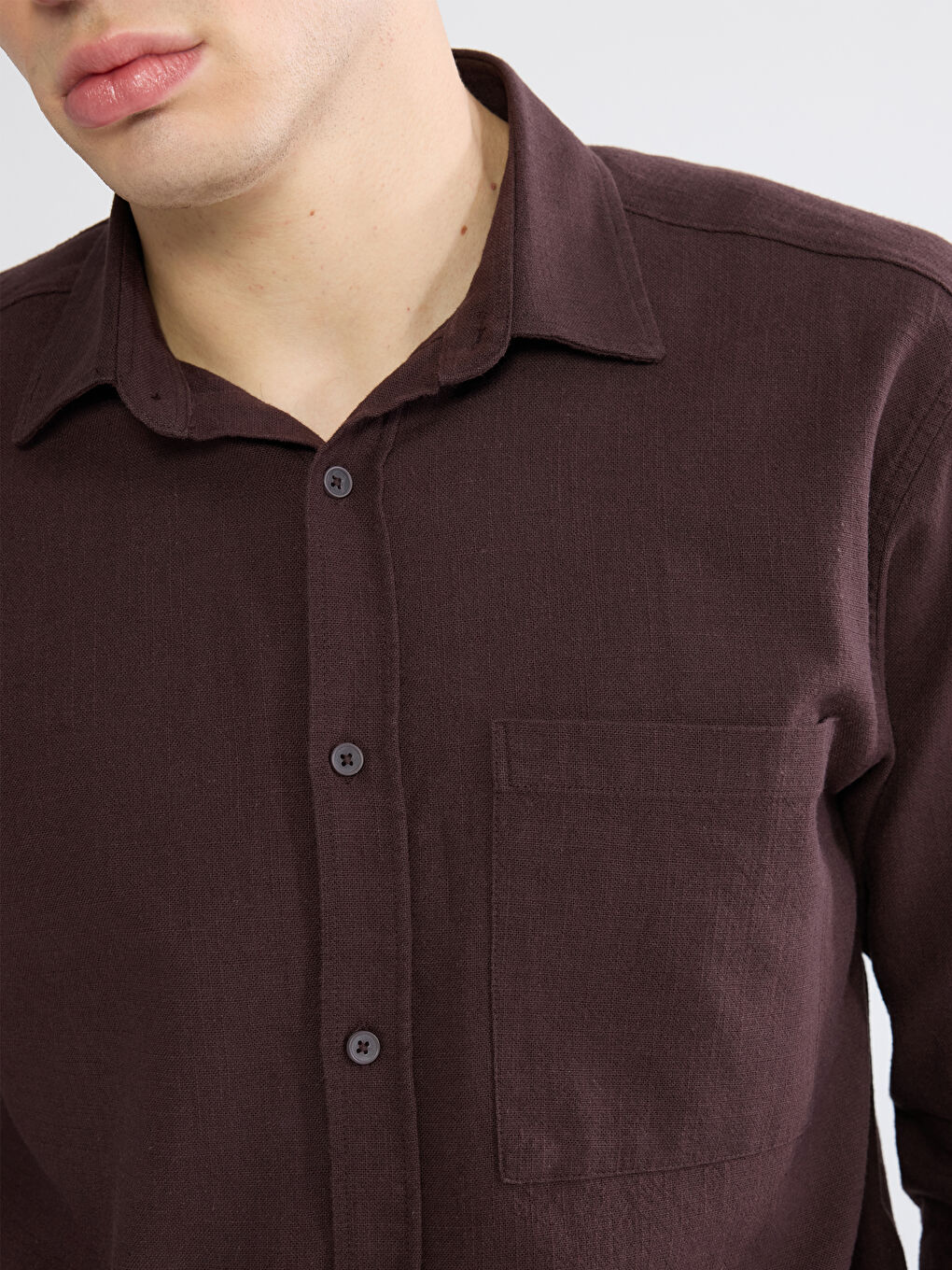 Kahverengi Regular Fit Erkek Keten Görünümlü Gömlek-5