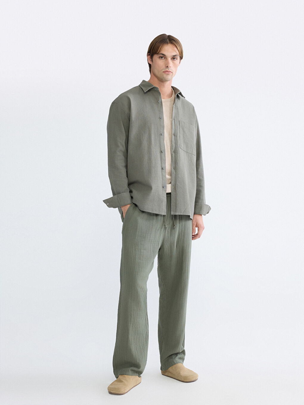 Haki Regular Fit Erkek Keten Görünümlü Gömlek-1