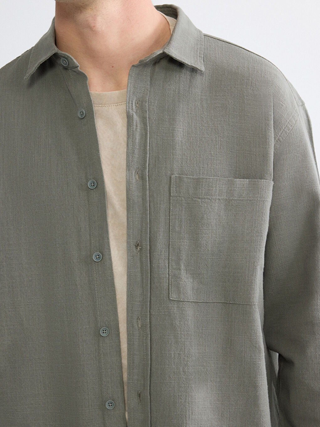 Haki Regular Fit Erkek Keten Görünümlü Gömlek-2