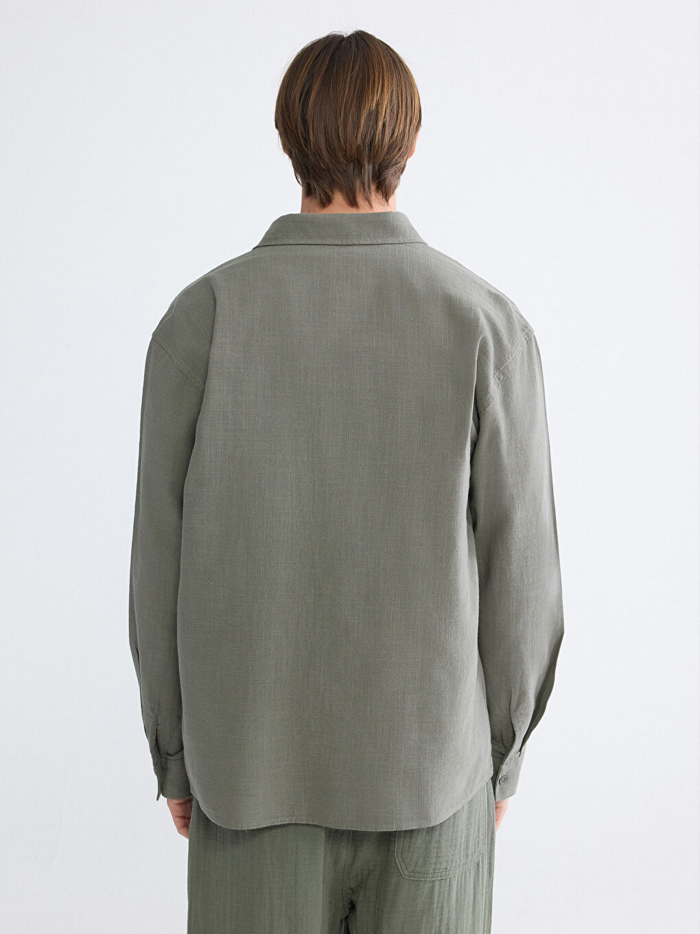 Haki Regular Fit Erkek Keten Görünümlü Gömlek-3