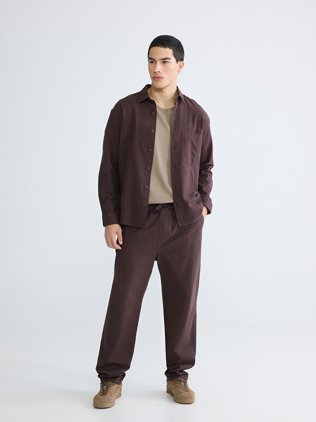 Kahverengi Regular Fit Erkek Keten Görünümlü Gömlek-2