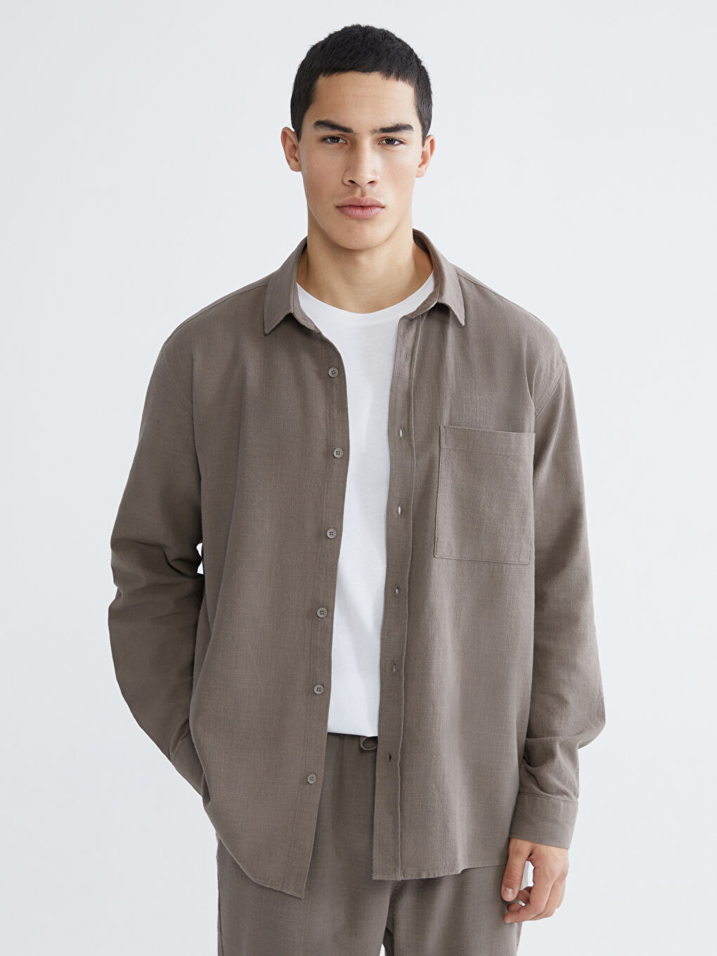 Bej Regular Fit Erkek Keten Görünümlü Gömlek