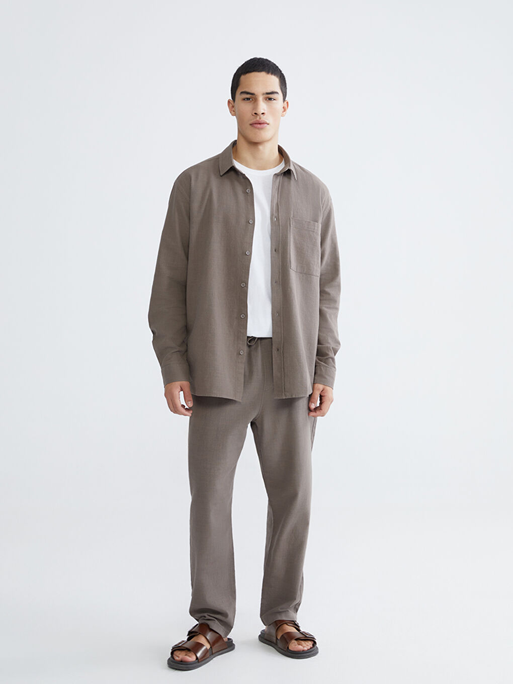 Bej Regular Fit Erkek Keten Görünümlü Gömlek-1