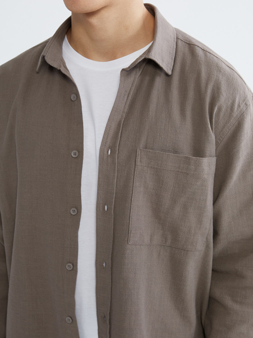 Bej Regular Fit Erkek Keten Görünümlü Gömlek-2