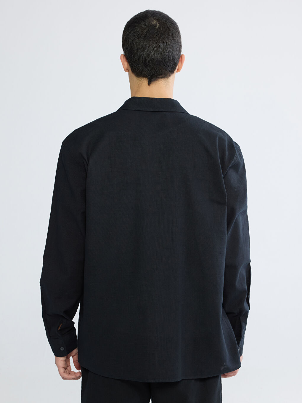 Siyah Regular Fit Erkek Keten Görünümlü Gömlek-10
