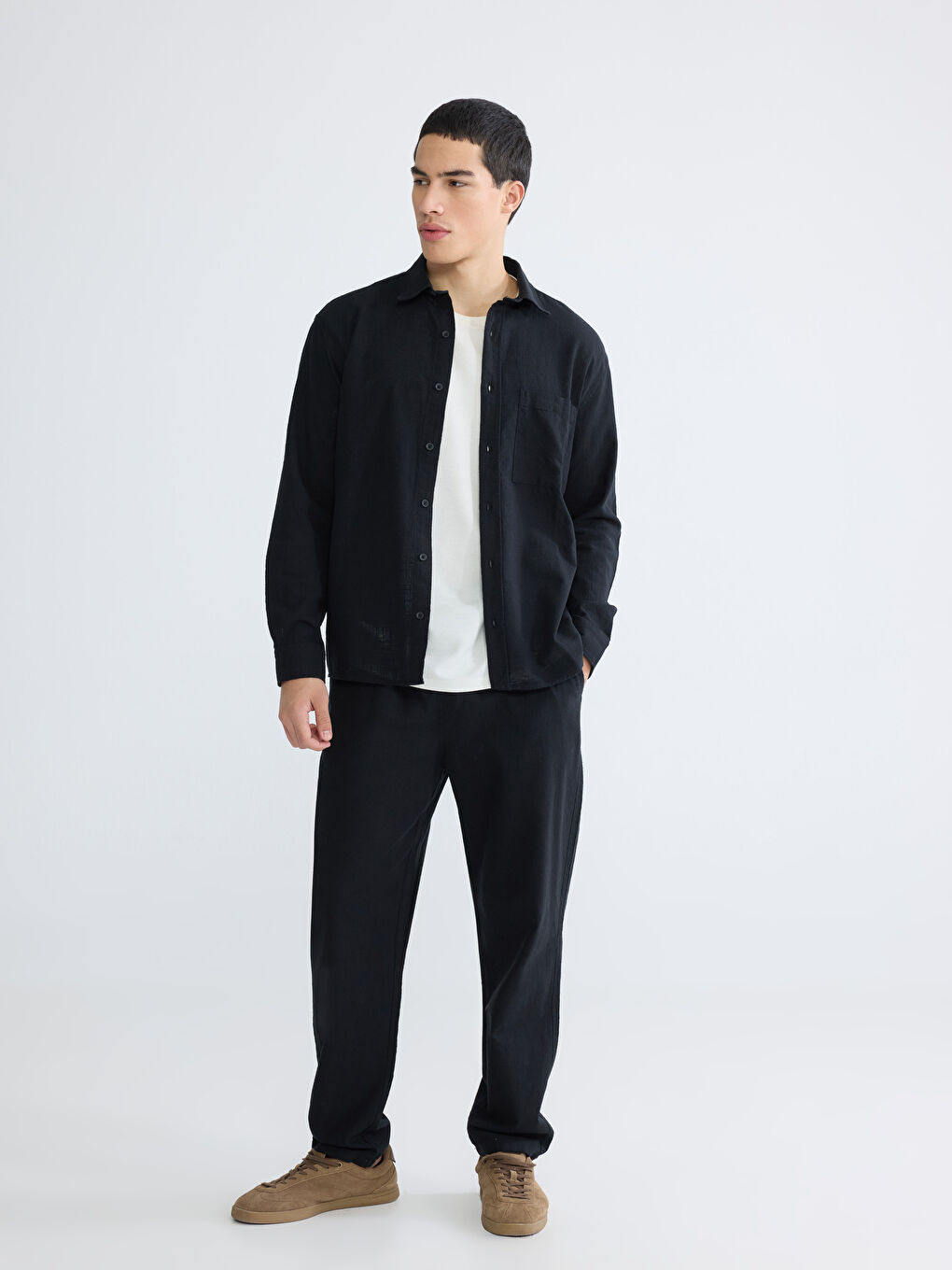 Siyah Regular Fit Erkek Keten Görünümlü Gömlek-3