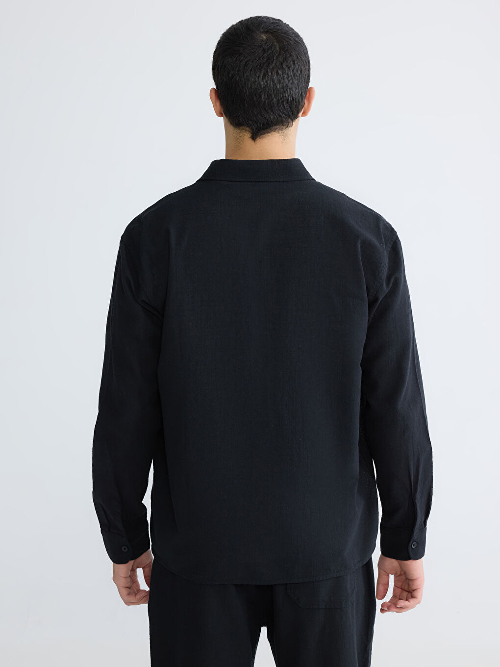 Siyah Regular Fit Erkek Keten Görünümlü Gömlek-9
