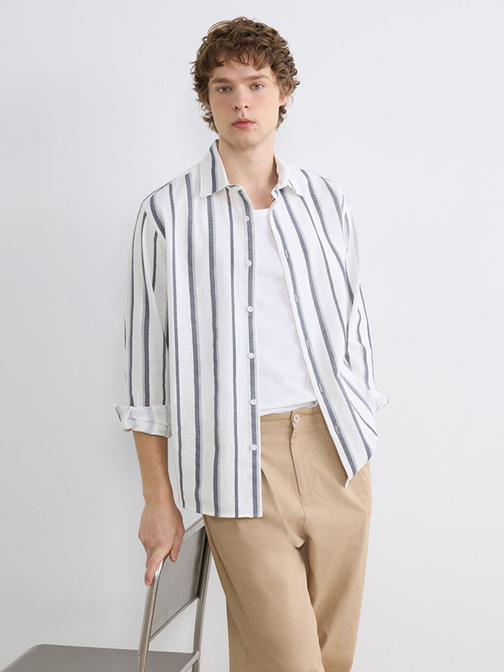 Lacivert Regular Fit Çizgili Keten Görünümlü Erkek Gömlek