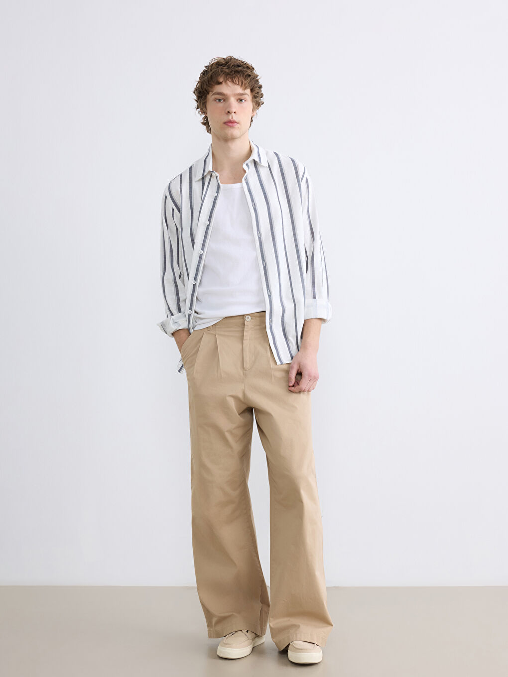 Lacivert Regular Fit Çizgili Keten Görünümlü Erkek Gömlek-1