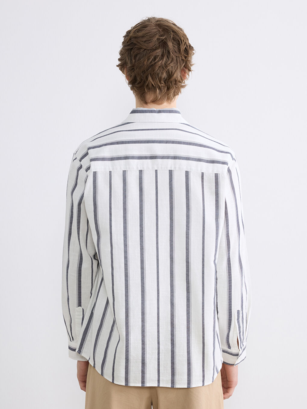 Lacivert Regular Fit Çizgili Keten Görünümlü Erkek Gömlek-3