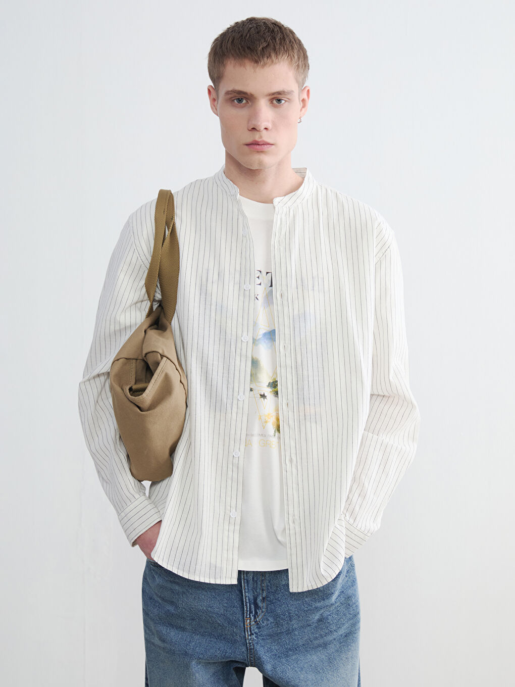 Regular Fit Grandad Collar Popeline Herrenhemd
