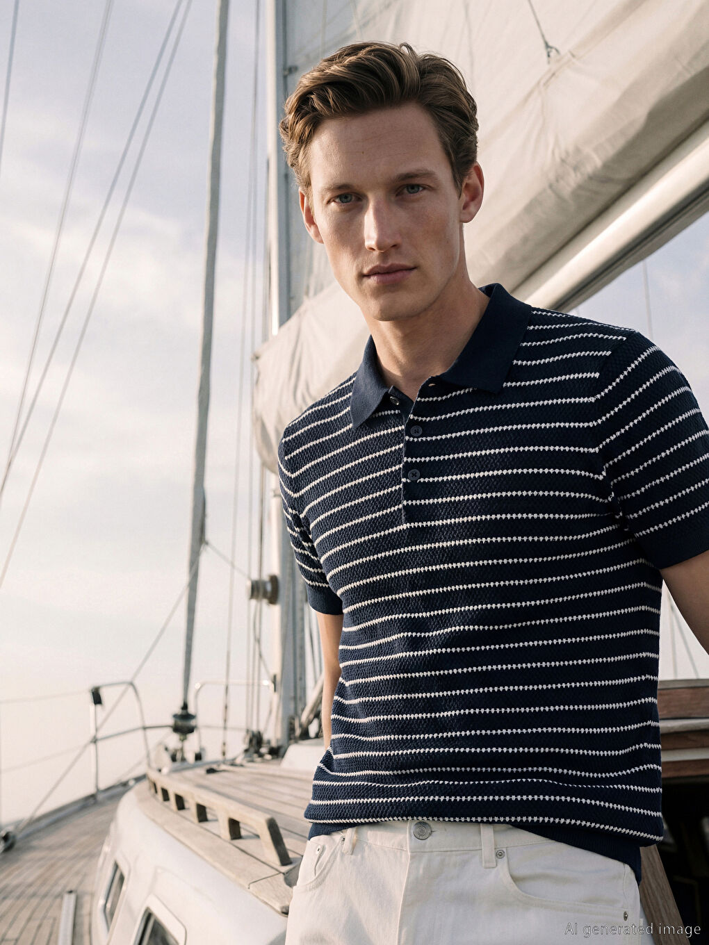 Lacivert Polo Yaka Çizgili Erkek Triko Kazak