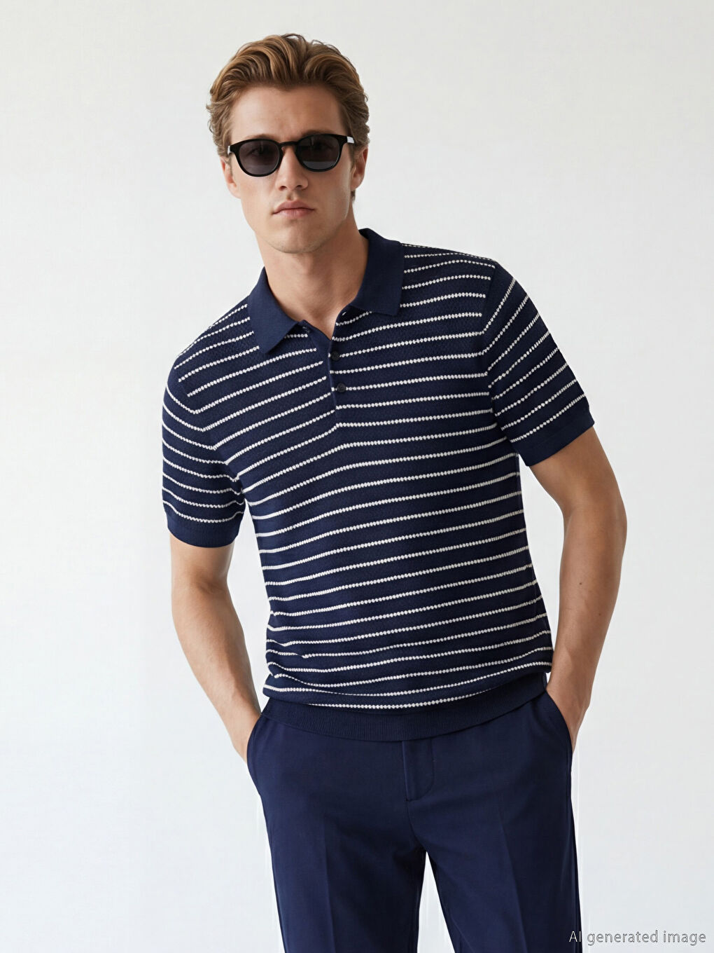 Lacivert Polo Yaka Çizgili Erkek Triko Kazak-3