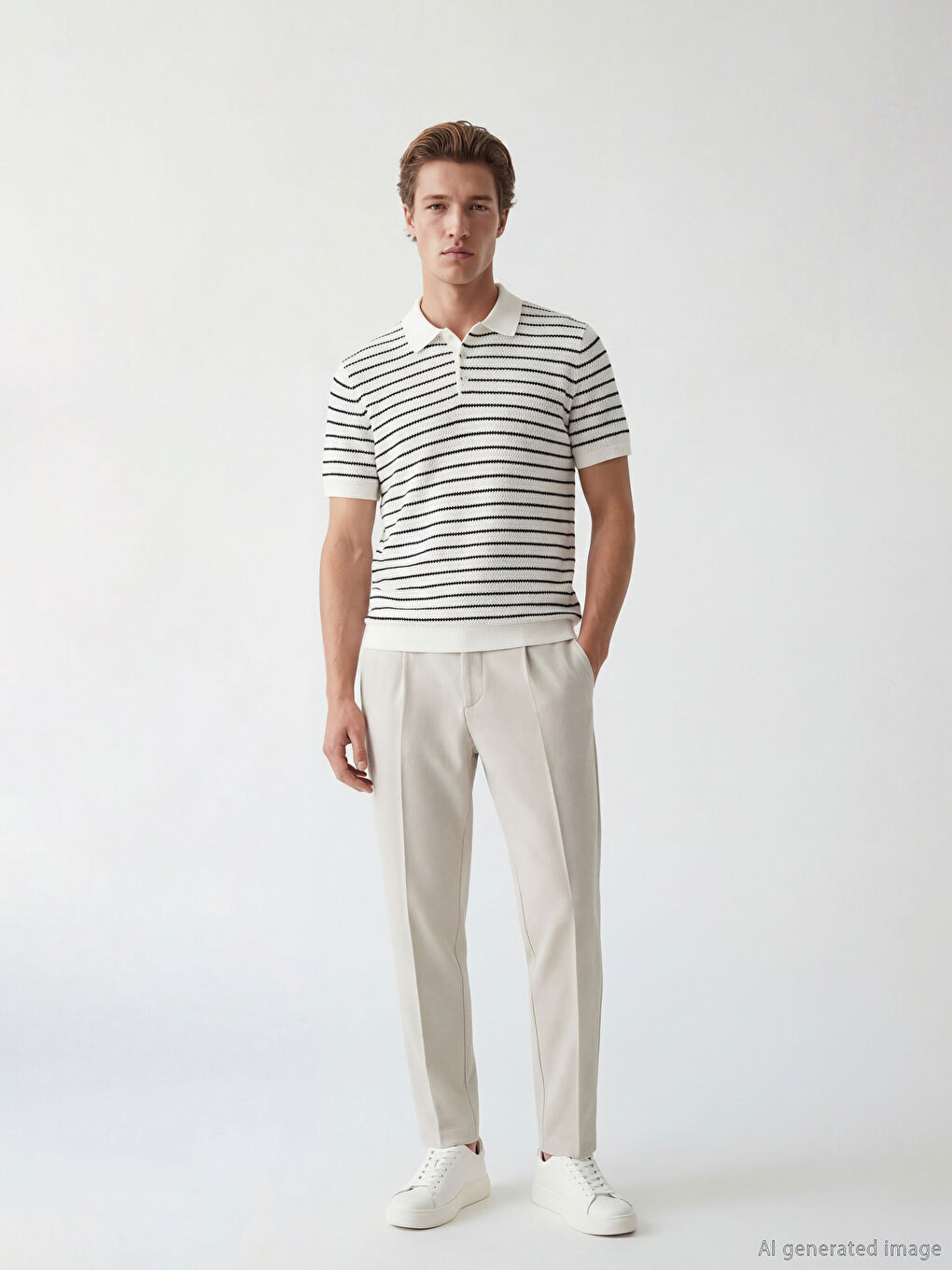 Ekru Polo Yaka Çizgili Erkek Triko Kazak-1