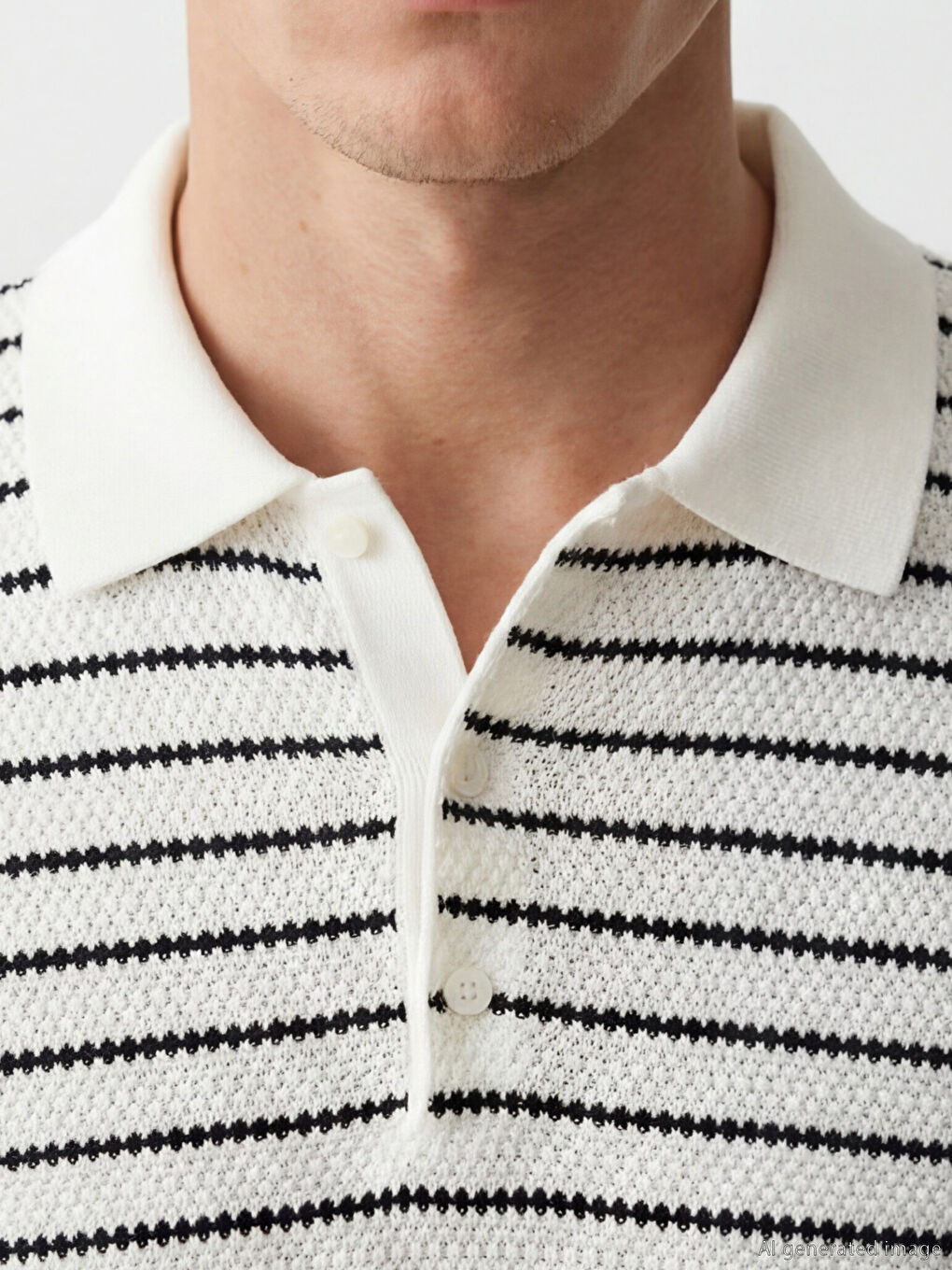 Ekru Polo Yaka Çizgili Erkek Triko Kazak-2