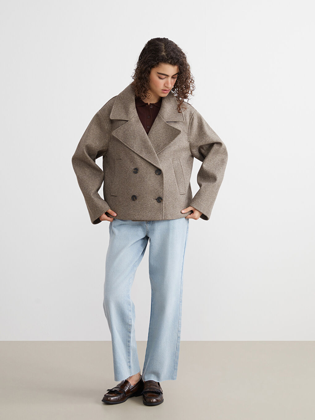 Kahverengi Kruvaze Yaka Kadın Kaşe Ceket-1