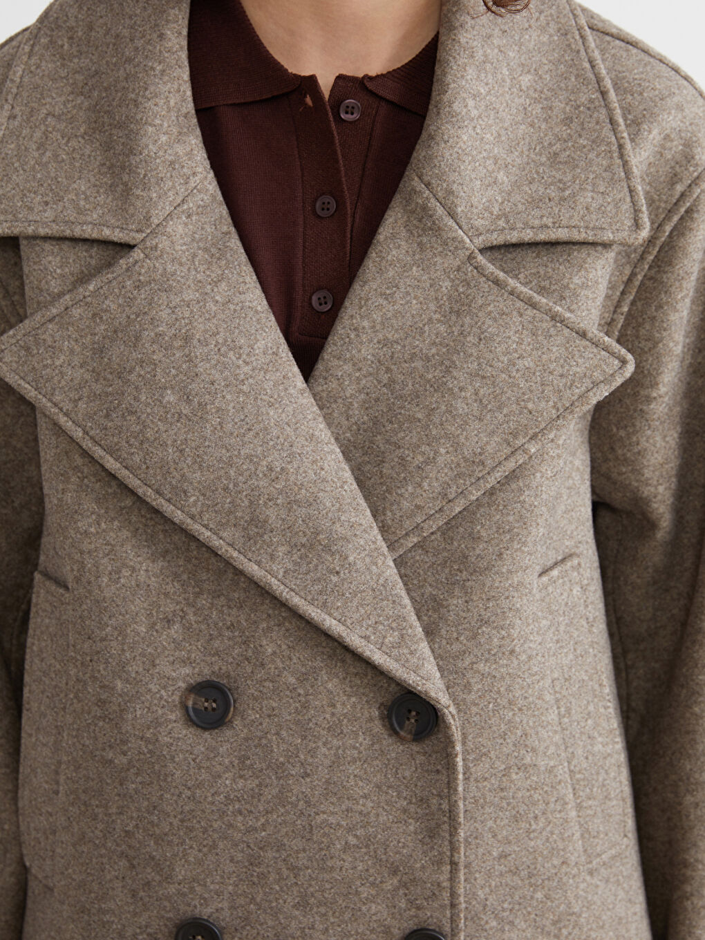 Kahverengi Kruvaze Yaka Kadın Kaşe Ceket-2