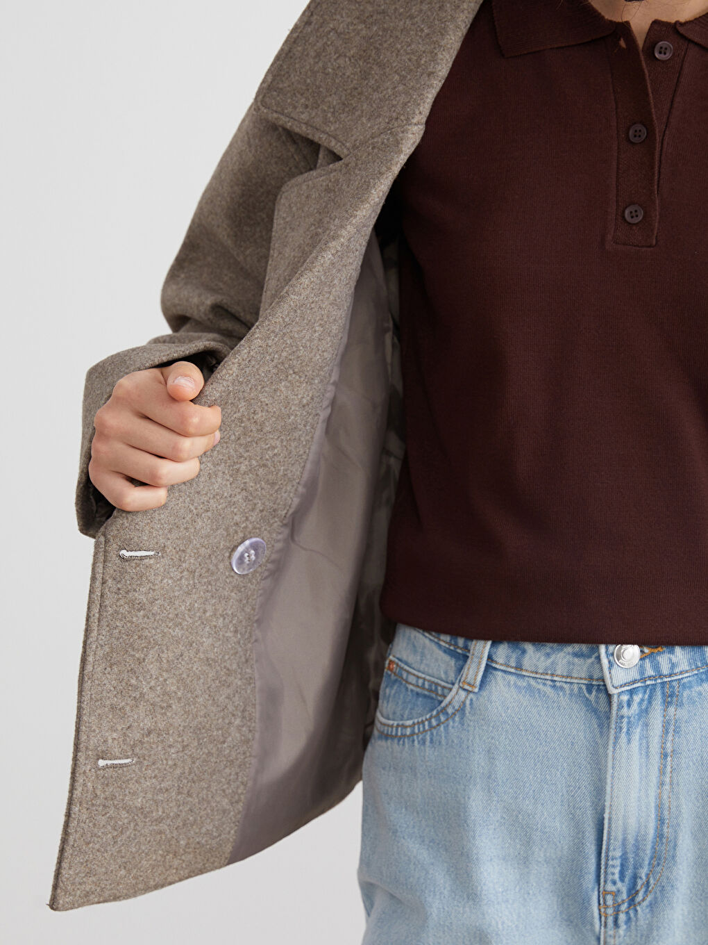 Kahverengi Kruvaze Yaka Kadın Kaşe Ceket-3