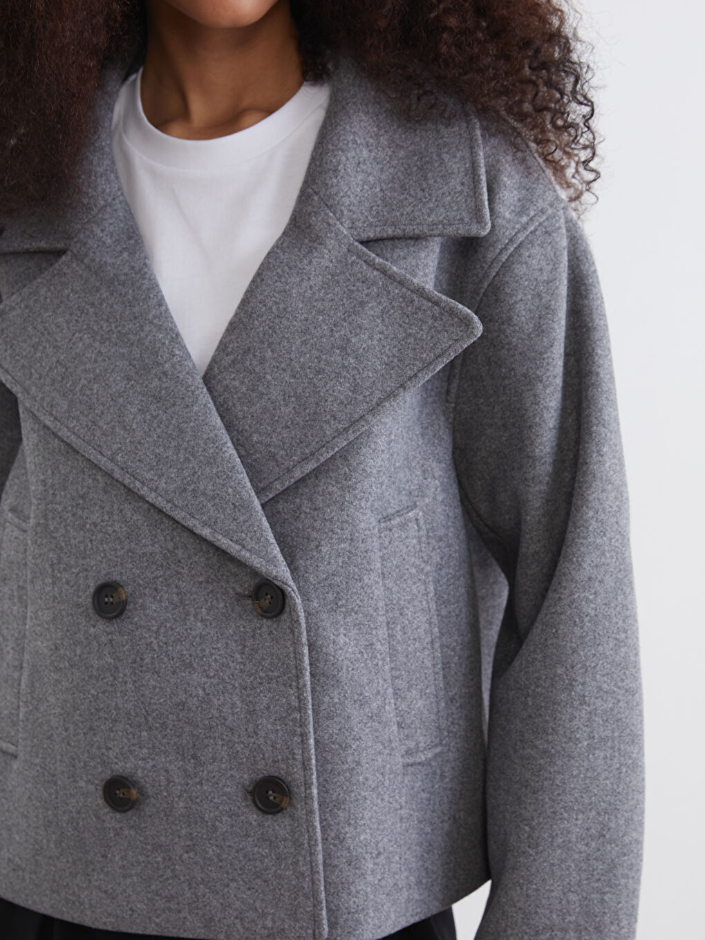 Gri Kruvaze Yaka Kadın Kaşe Ceket-2