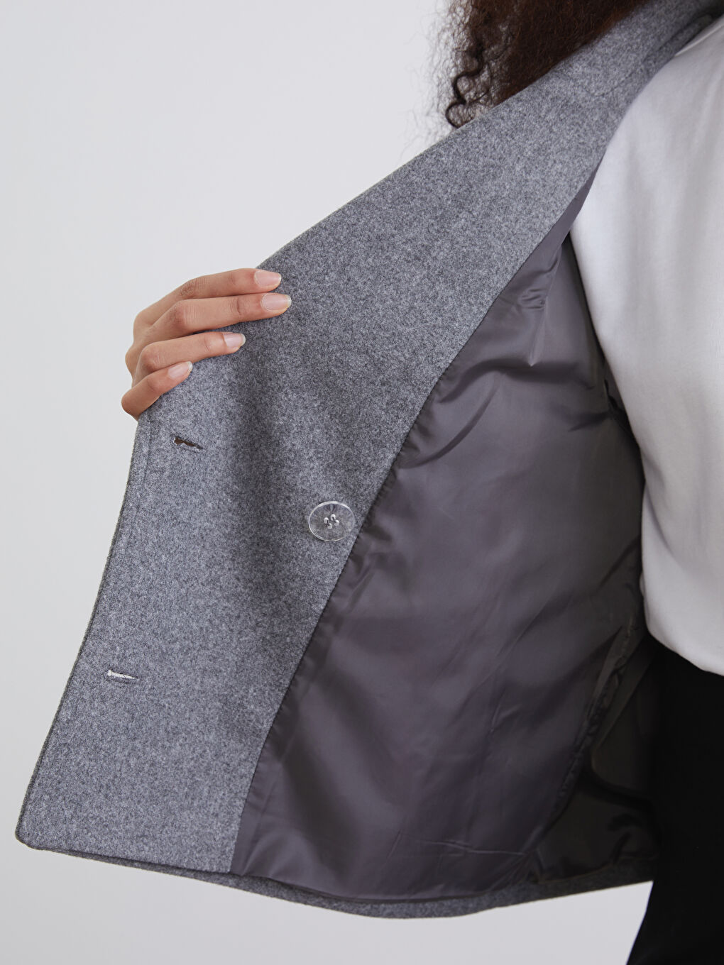 Gri Kruvaze Yaka Kadın Kaşe Ceket-3